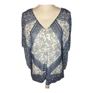 Blue Paisley Print V Neck Kimono Sleeve‎ Blouse Top NWOT